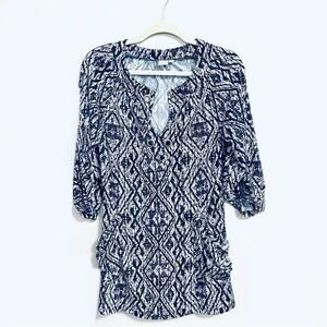 St. Tropez Tunic Popover Blouse Blue White Coastal Womens Small Abstract Print